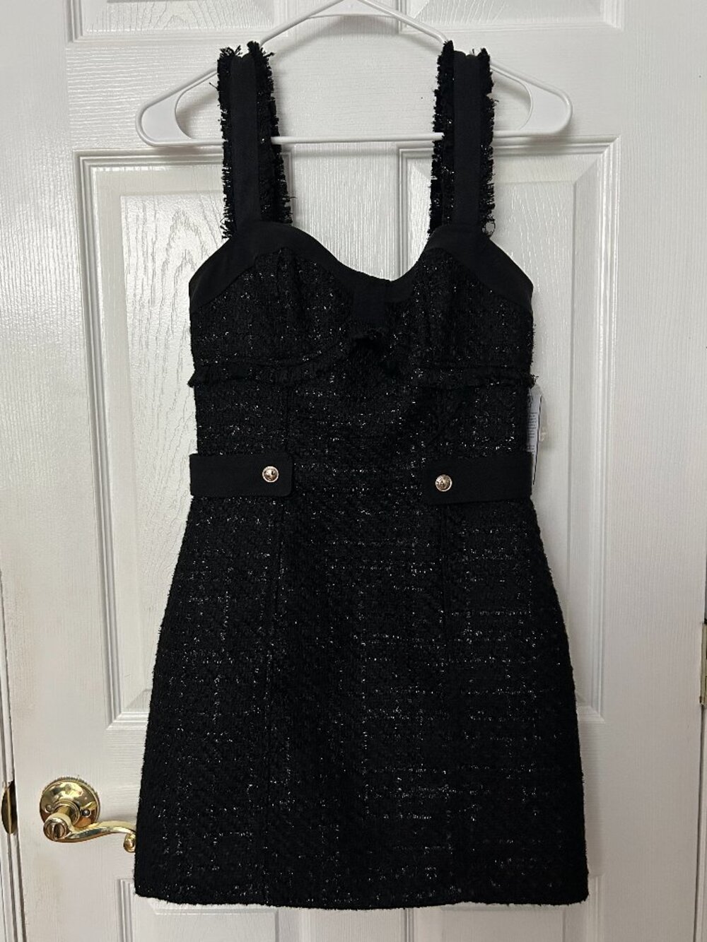 Guess Black Boucle Tweed Mini Dress Women's Small Fringe Sweetheart NWT